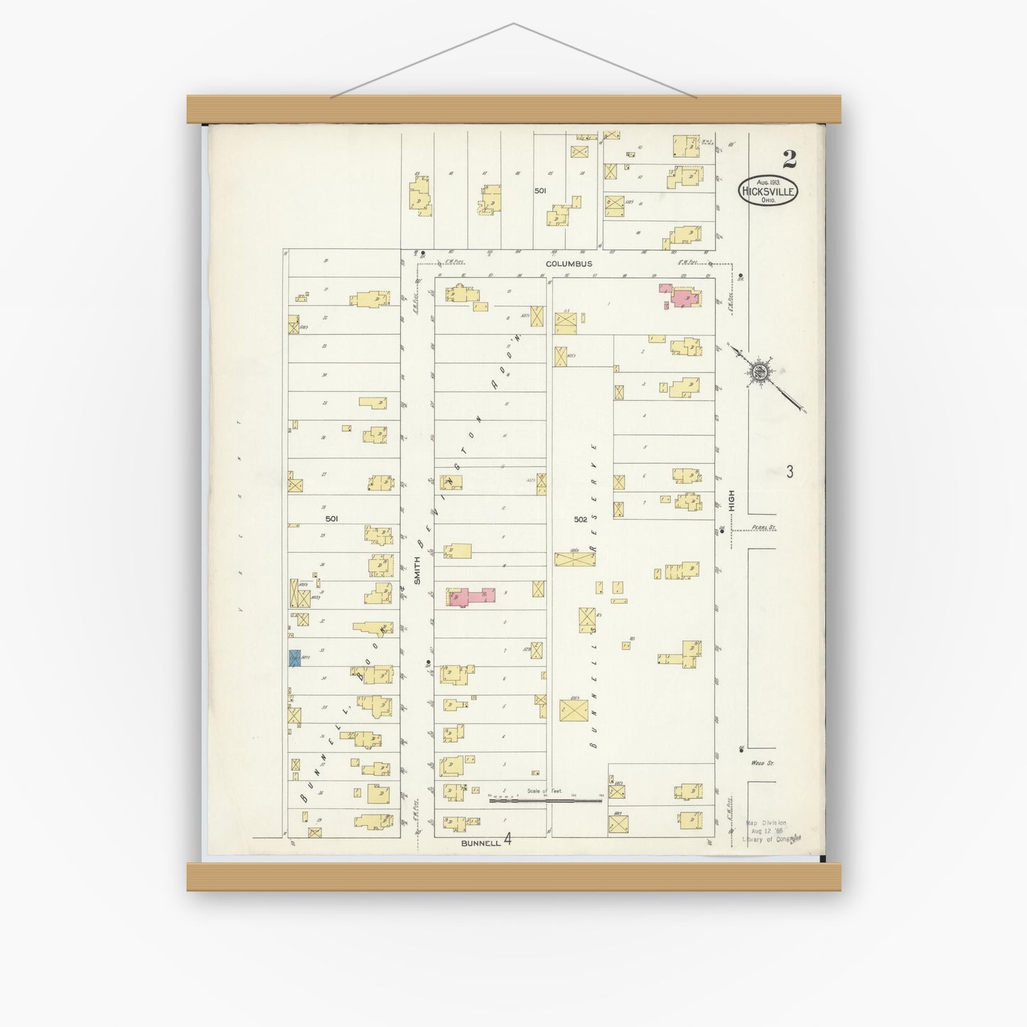 Old map wall art mockup — magnetic wood frame on white wall — Sanborn Fire Insurance Map from Hicksville, Defiance County, Ohio (1913), Sheet #0002