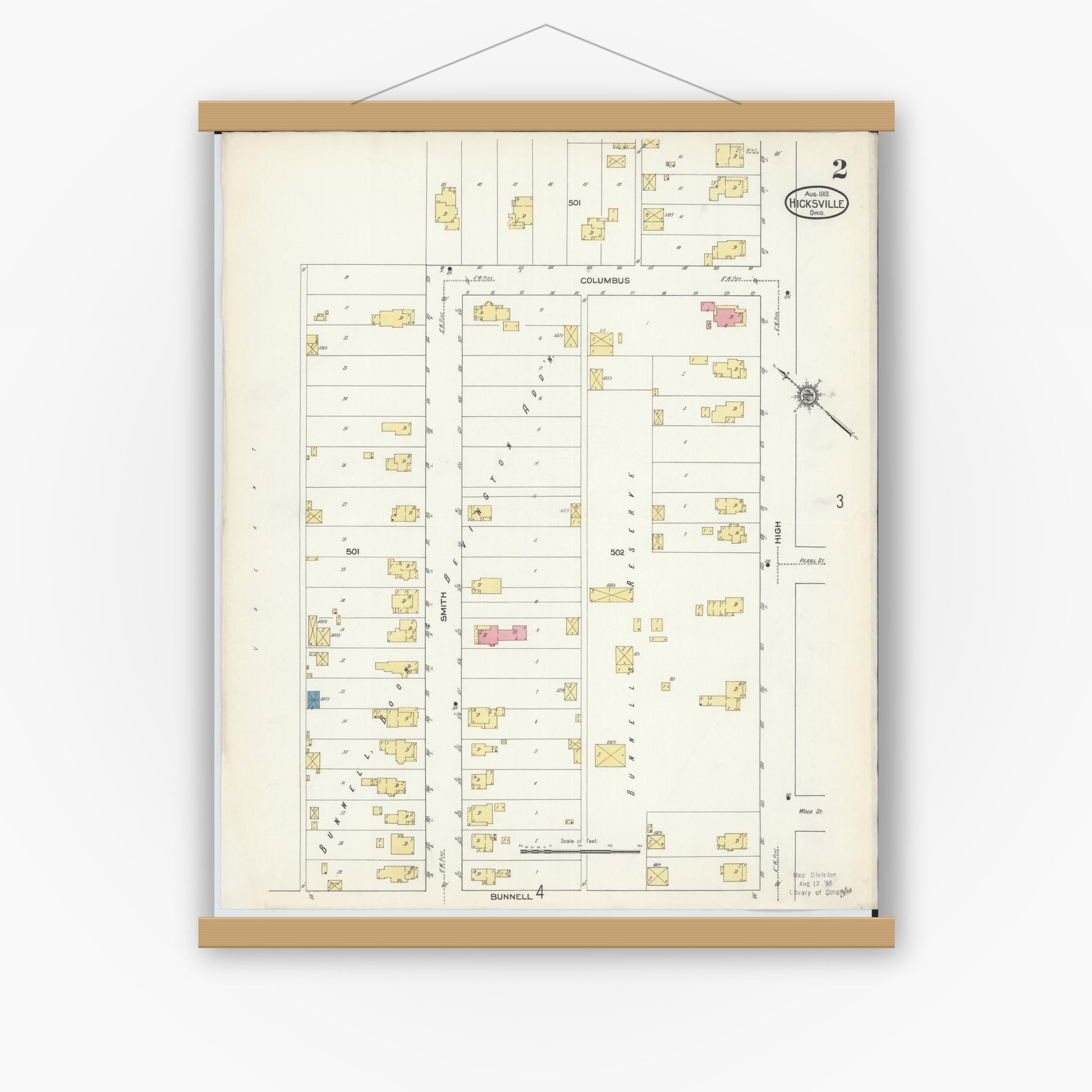 Old map wall art mockup — magnetic wood frame on white wall — Sanborn Fire Insurance Map from Hicksville, Defiance County, Ohio (1913), Sheet #0002