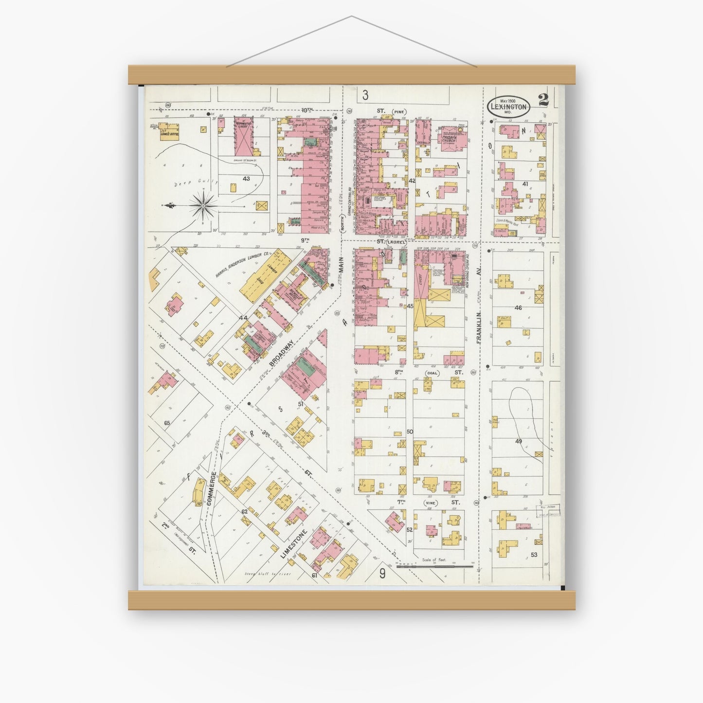 Old map wall art mockup — magnetic wood frame on white wall — Sanborn Fire Insurance Map from Lexington, Lafayette County, Missouri (1900), Sheet #0002