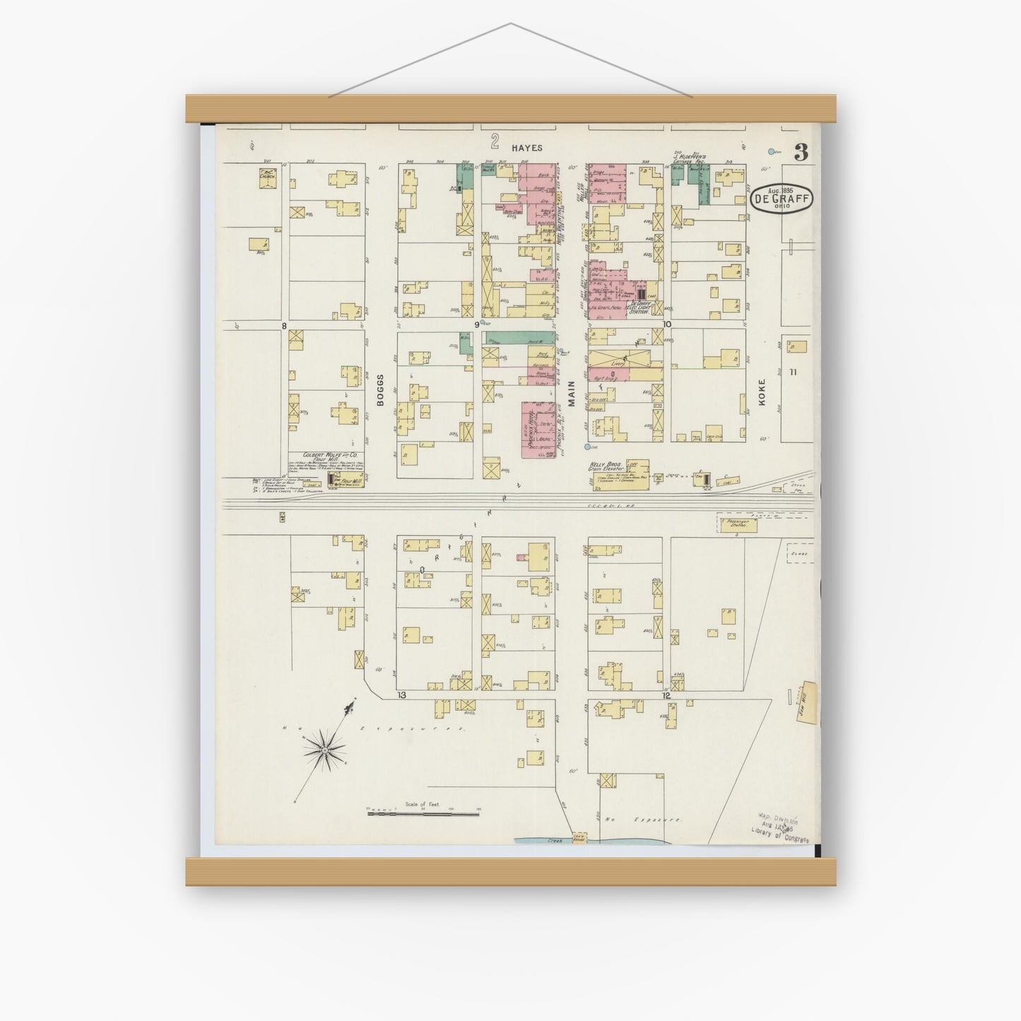 Old map wall art mockup — magnetic wood frame on white wall — Sanborn Fire Insurance Map from Degraff, Logan County, Ohio (1895), Sheet #0003