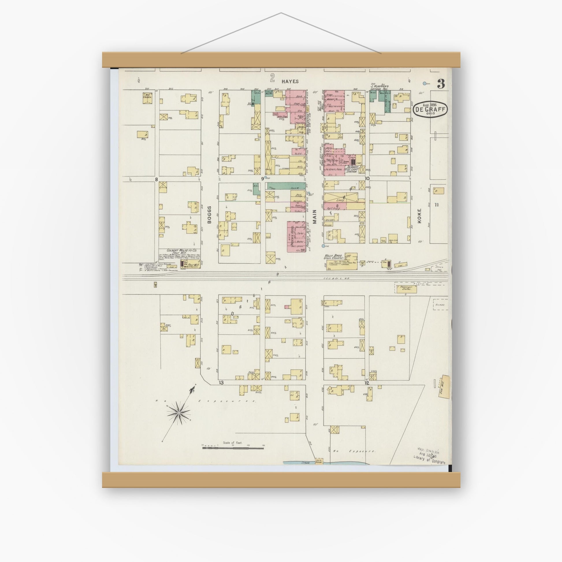 Old map wall art mockup — magnetic wood frame on white wall — Sanborn Fire Insurance Map from Degraff, Logan County, Ohio (1895), Sheet #0003