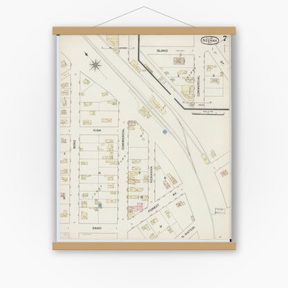 Old map wall art mockup — magnetic wood frame on white wall — Sanborn Fire Insurance Map from Neenah, Winnebago County, Wisconsin (1887), Sheet #0007