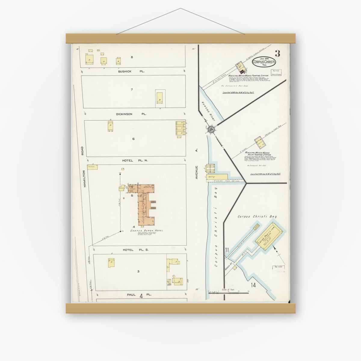 Old map wall art mockup — magnetic wood frame on white wall — Sanborn Fire Insurance Map from Corpus Christi, Nueces County, Texas (1914), Sheet #0003