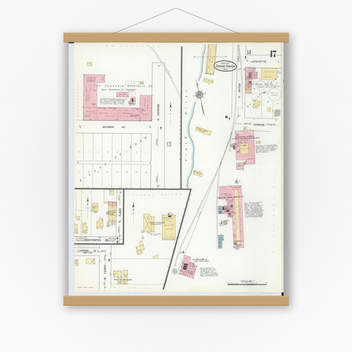 Old map wall art mockup — magnetic wood frame on white wall — Sanborn Fire Insurance Map from Grand Haven, Ottawa County, Michigan (1912), Sheet #0017