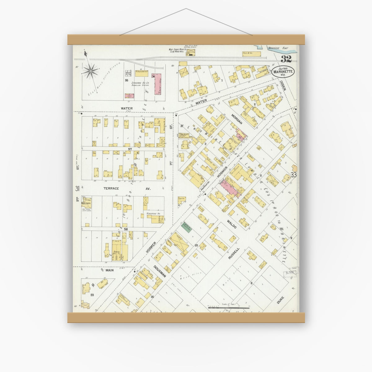 Old map wall art mockup — magnetic wood frame on white wall — Sanborn Fire Insurance Map from Marinette, Marinette County, Wisconsin (1901), Sheet #0032