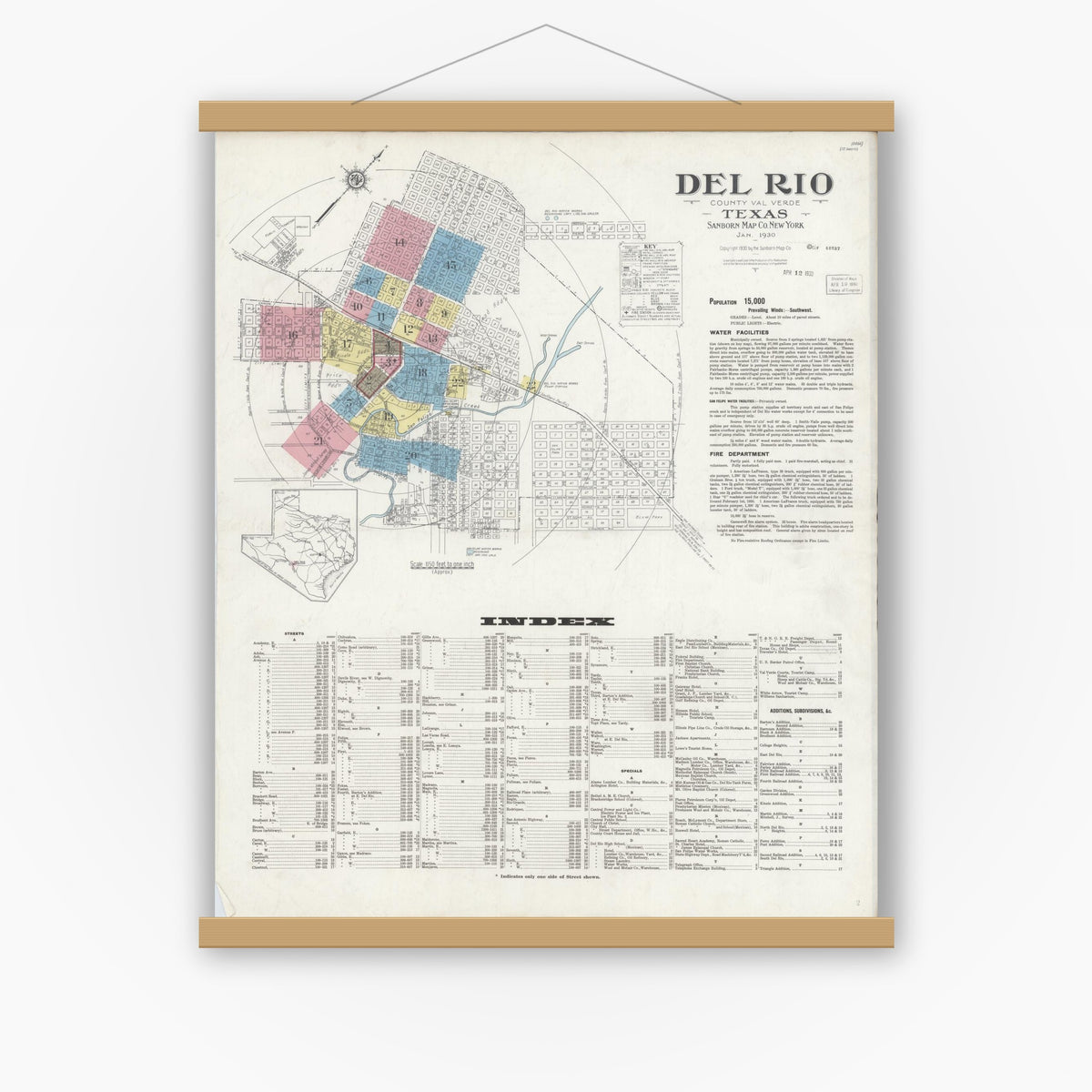 Old map wall art mockup — magnetic wood frame on white wall — Sanborn Fire Insurance Map from Del Rio, Val Verde County, Texas (1930), Sheet #0001