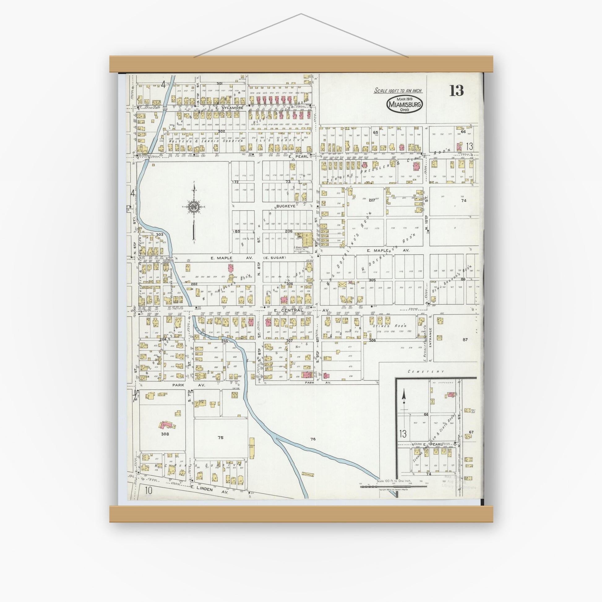 Old map wall art mockup — magnetic wood frame on white wall — Sanborn Fire Insurance Map from Miamisburg, Montgomery County, Ohio (1919), Sheet #0013