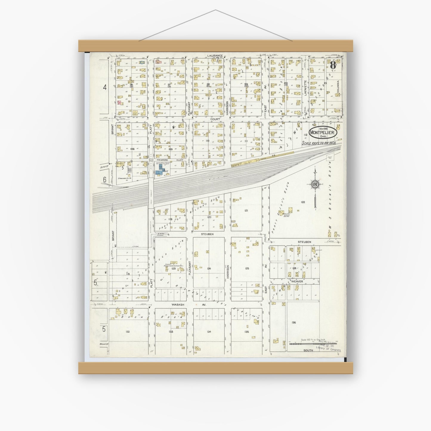 Old map wall art mockup — magnetic wood frame on white wall — Sanborn Fire Insurance Map from Montpelier, Williams County, Ohio (1916), Sheet #0008