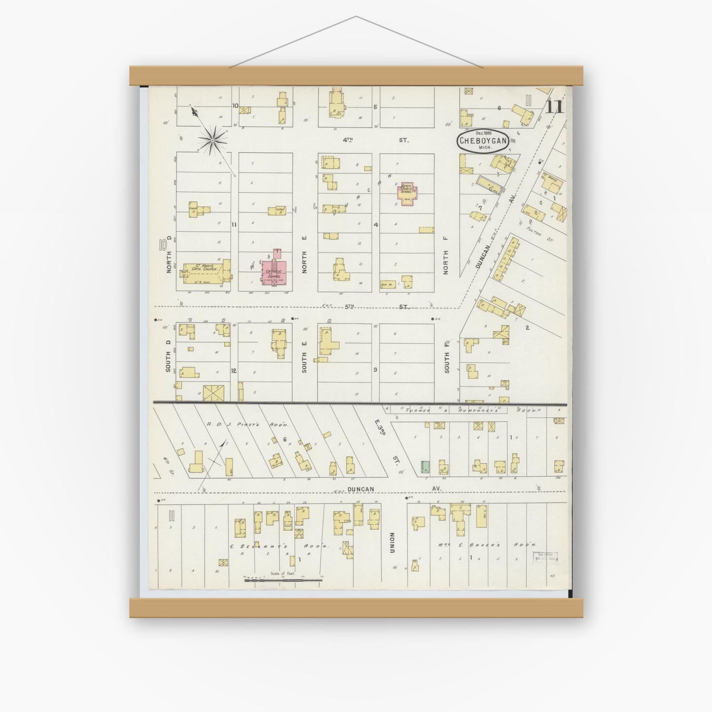 Old map wall art mockup — magnetic wood frame on white wall — Sanborn Fire Insurance Map from Cheboygan, Cheboygan County, Michigan (1895), Sheet #0011
