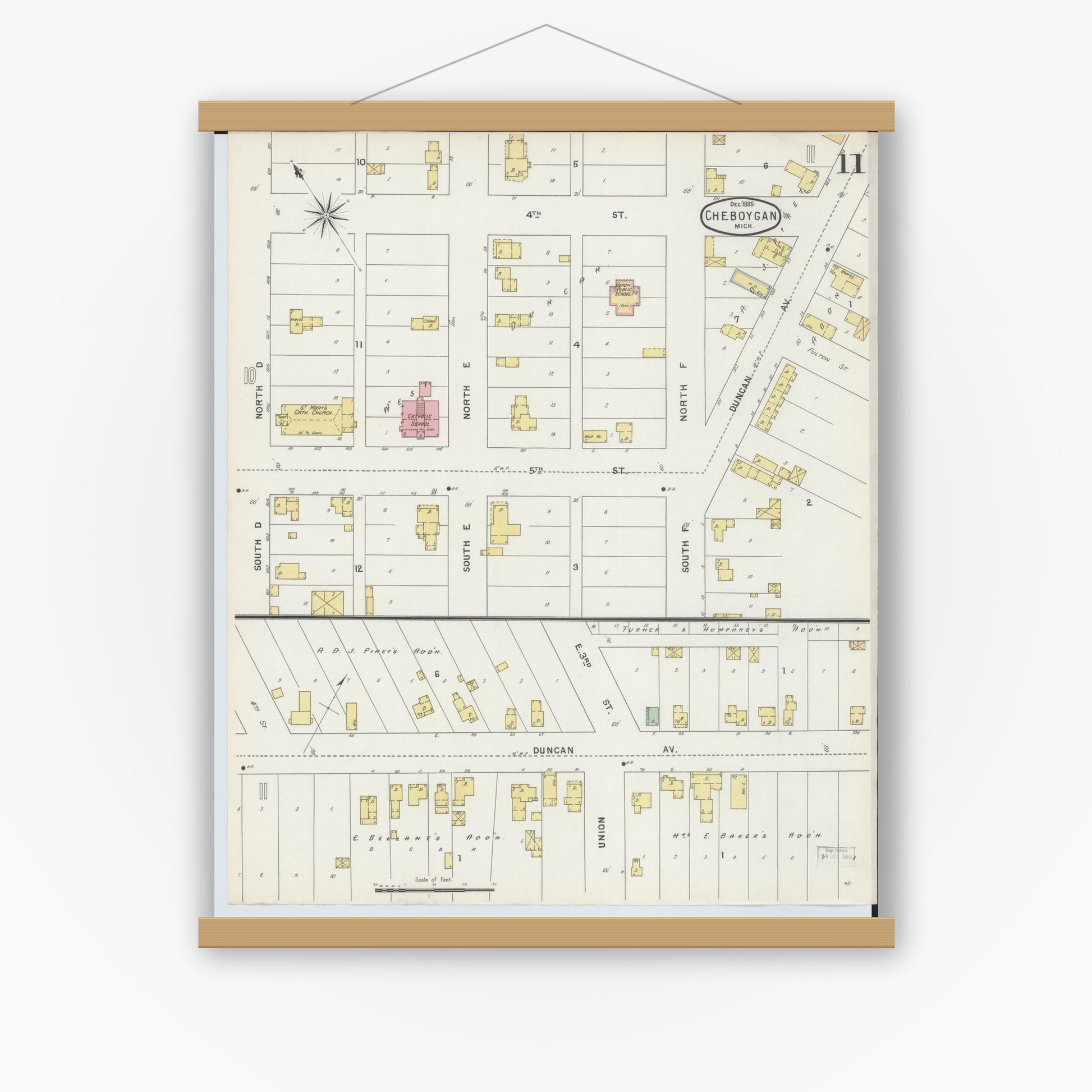 Old map wall art mockup — magnetic wood frame on white wall — Sanborn Fire Insurance Map from Cheboygan, Cheboygan County, Michigan (1895), Sheet #0011