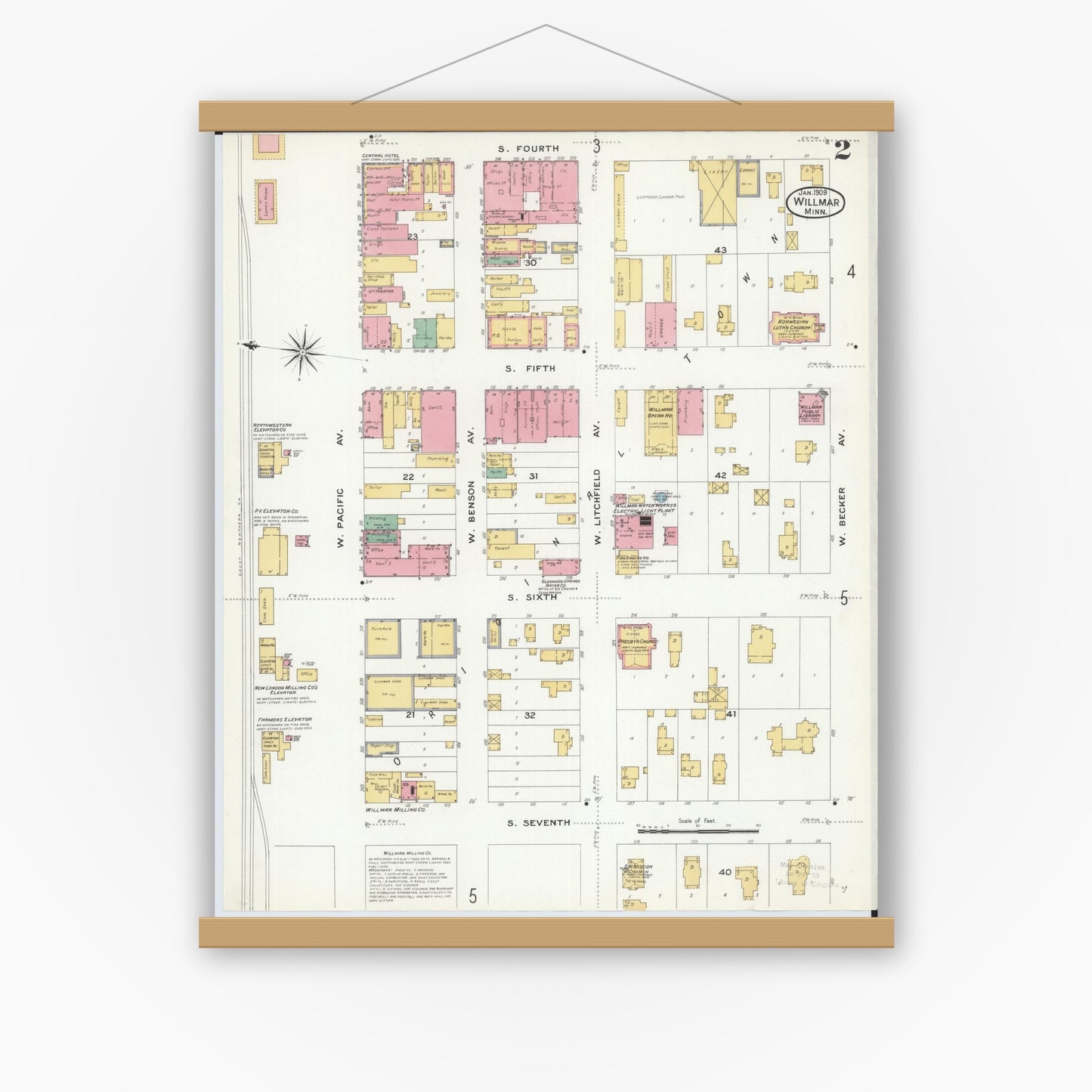 Old map wall art mockup — magnetic wood frame on white wall — Sanborn Fire Insurance Map from Willmar, Kandiyohi County, Minnesota (1909), Sheet #0002