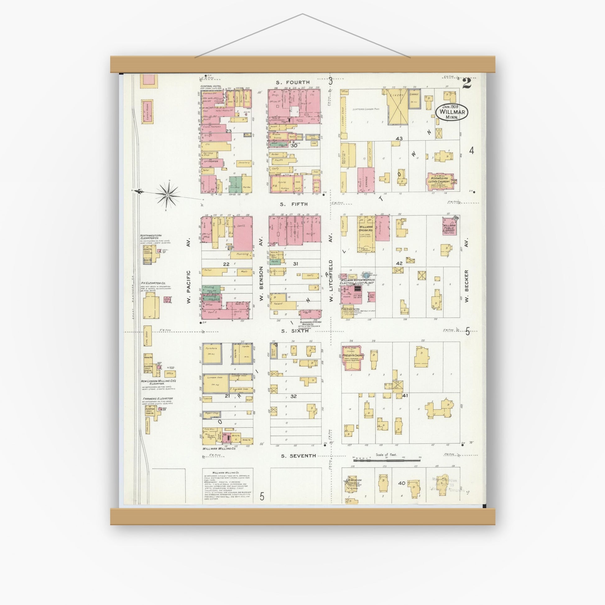 Old map wall art mockup — magnetic wood frame on white wall — Sanborn Fire Insurance Map from Willmar, Kandiyohi County, Minnesota (1909), Sheet #0002