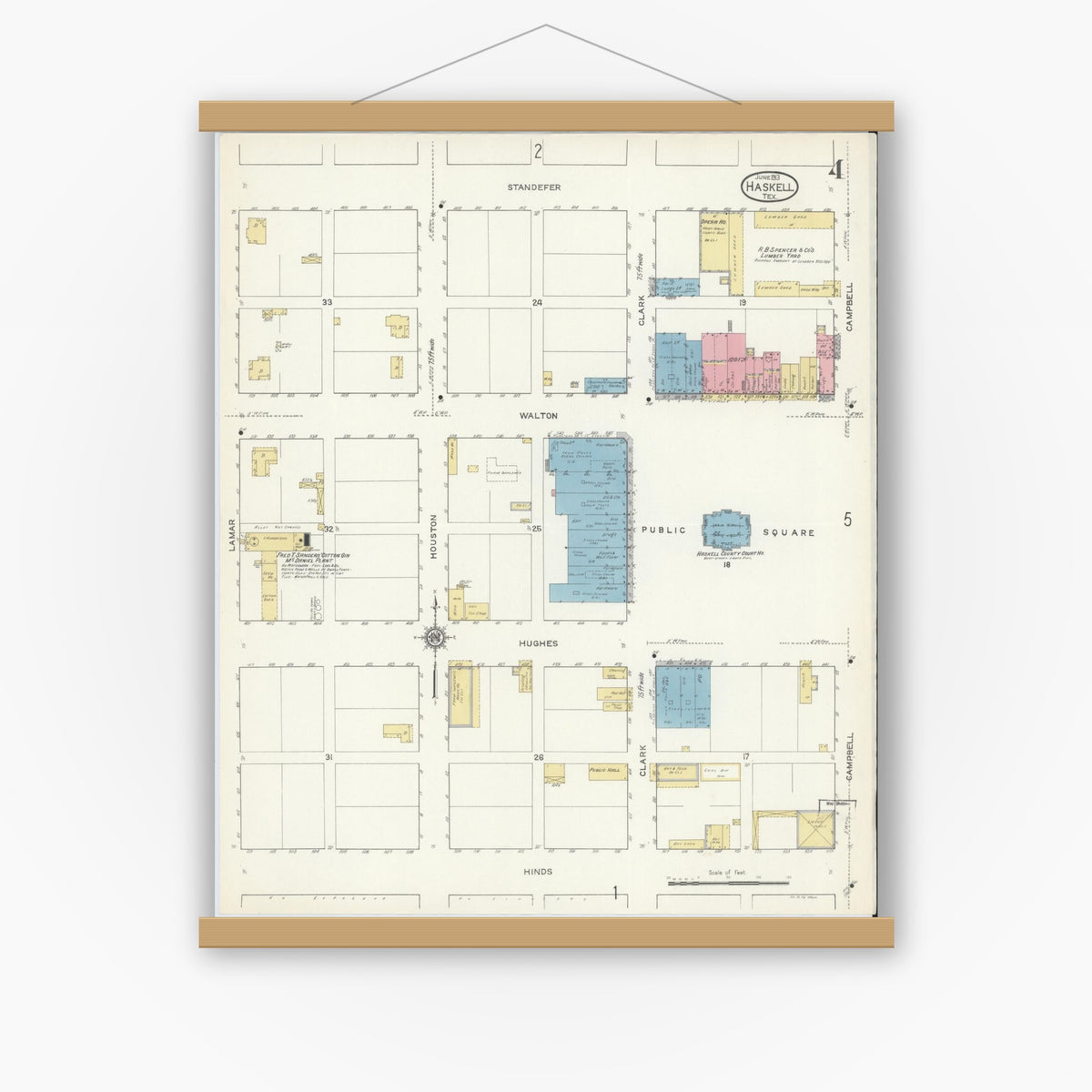 Old map wall art mockup — magnetic wood frame on white wall — Sanborn Fire Insurance Map from Haskell, Haskell County, Texas (1913), Sheet #0004