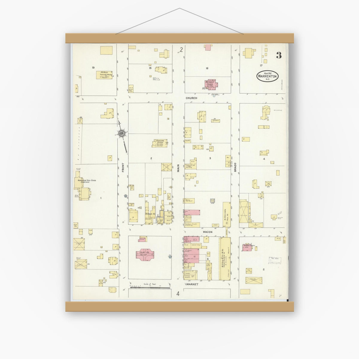 Old map wall art mockup — magnetic wood frame on white wall — Sanborn Fire Insurance Map from Warrenton, Warren County, North Carolina (1912), Sheet #0003