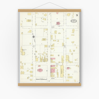 Old map wall art mockup — magnetic wood frame on white wall — Sanborn Fire Insurance Map from Warrenton, Warren County, North Carolina (1912), Sheet #0003