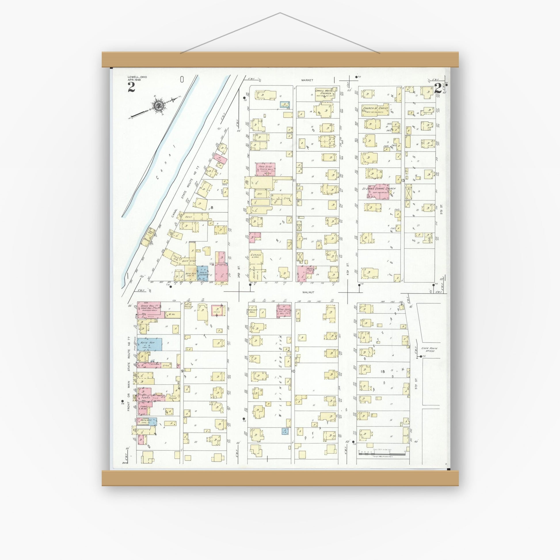 Old map wall art mockup — magnetic wood frame on white wall — Sanborn Fire Insurance Map from Lowell, Washington County, Ohio (1948), Sheet #0002