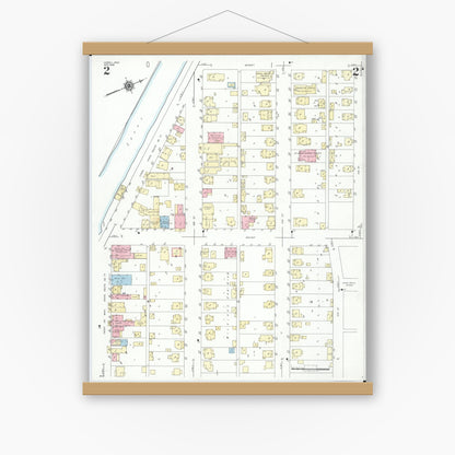 Old map wall art mockup — magnetic wood frame on white wall — Sanborn Fire Insurance Map from Lowell, Washington County, Ohio (1948), Sheet #0002