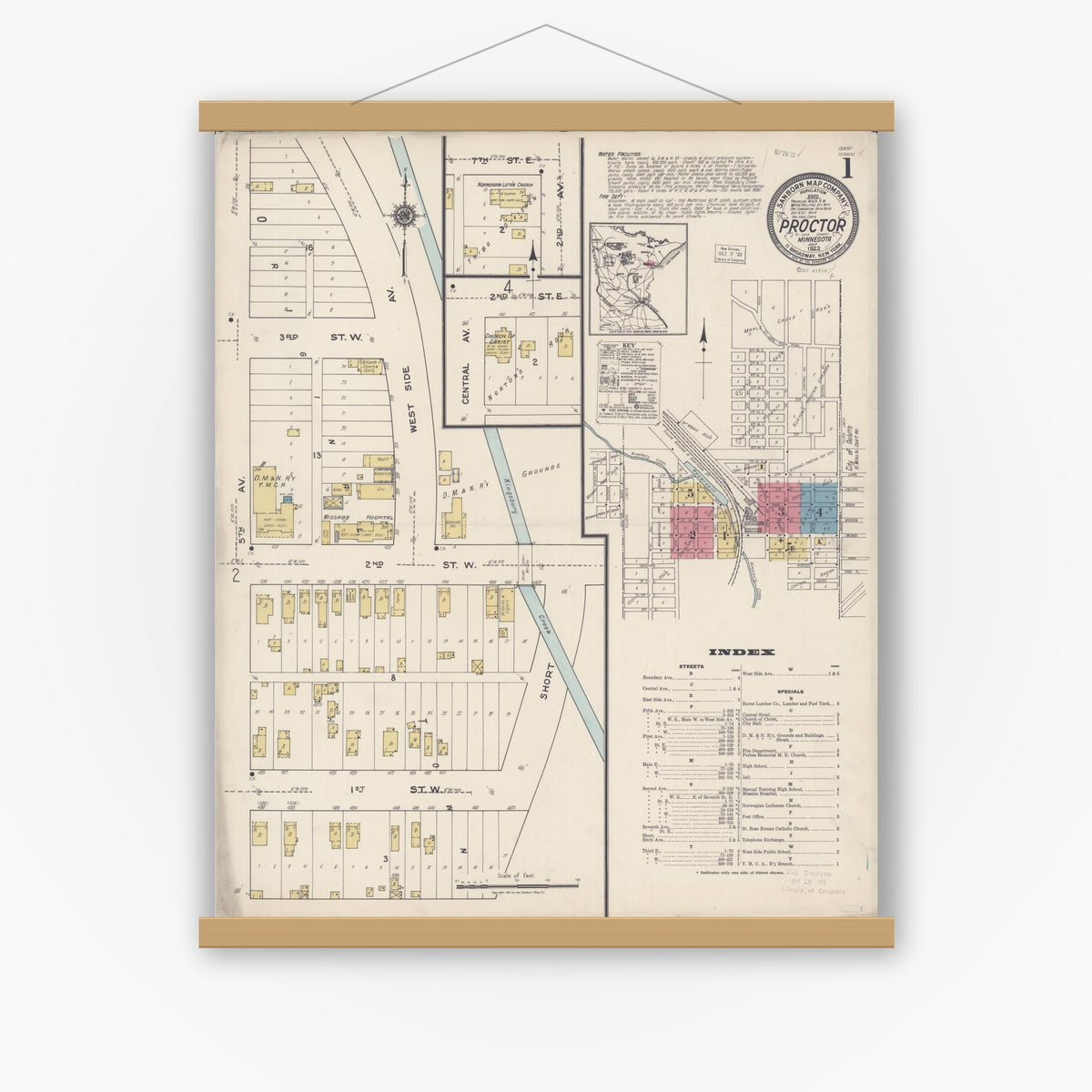 Old map wall art mockup — magnetic wood frame on white wall — Sanborn Fire Insurance Map from Proctor, Saint Louis County, Minnesota (1922) - Complete Map Set