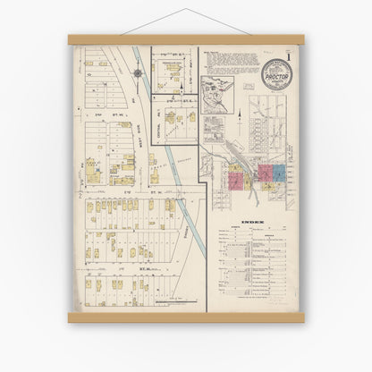 Old map wall art mockup — magnetic wood frame on white wall — Sanborn Fire Insurance Map from Proctor, Saint Louis County, Minnesota (1922) - Complete Map Set