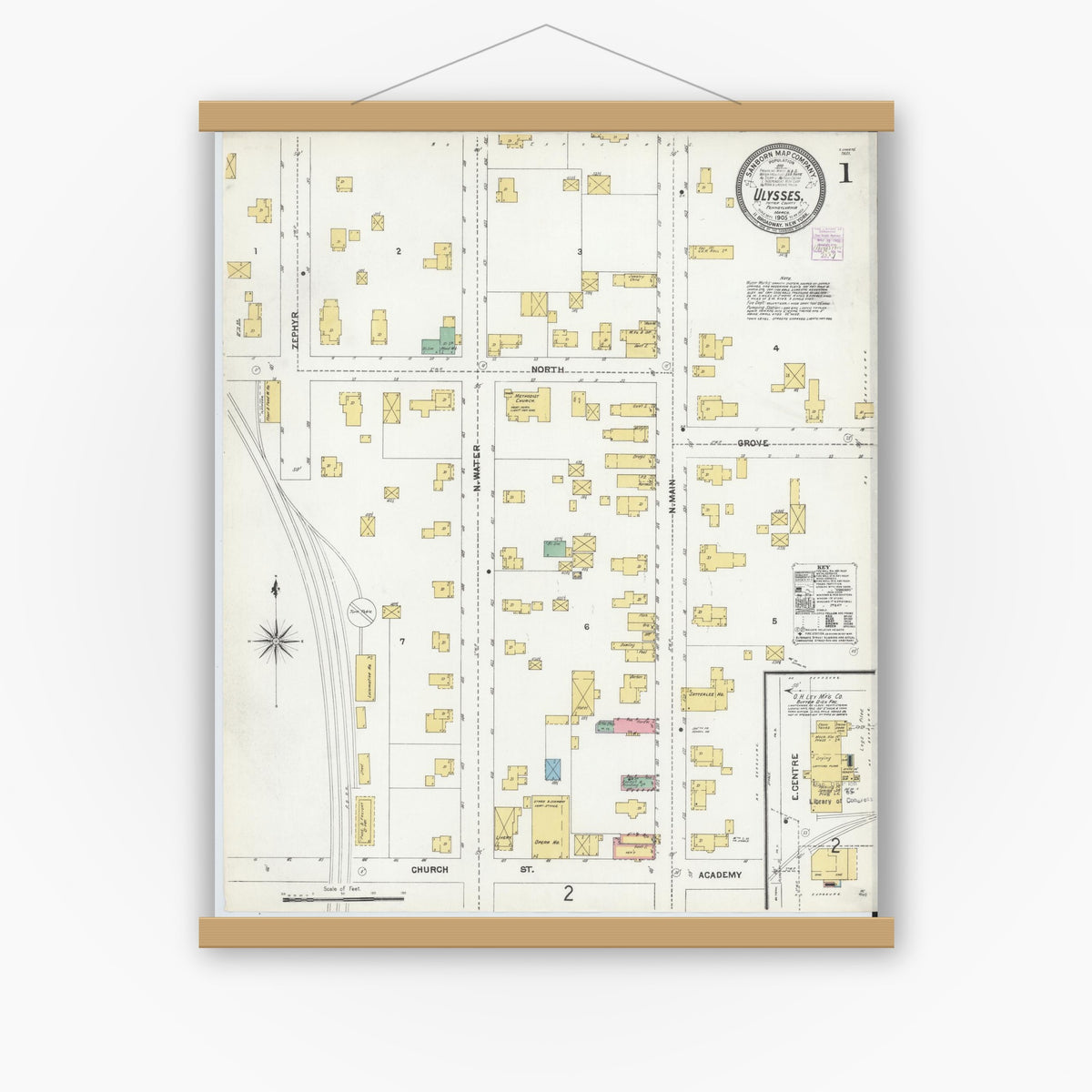 Old map wall art mockup — magnetic wood frame on white wall — Sanborn Fire Insurance Map from Ulysses, Potter County, Pennsylvania (1905), Sheet #0001