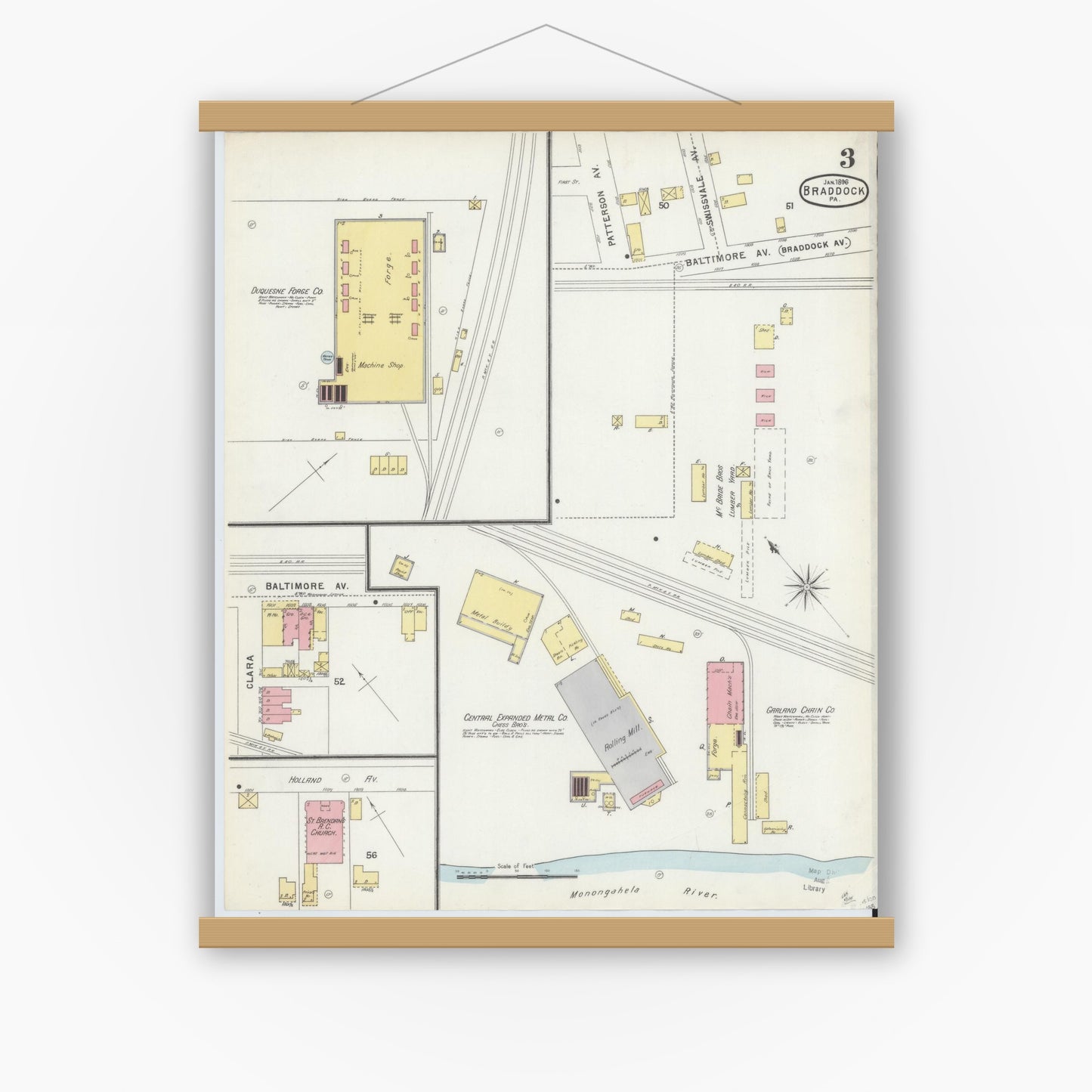 Old map wall art mockup — magnetic wood frame on white wall — Sanborn Fire Insurance Map from Braddock, Allegheny County, Pennsylvania (1896), Sheet #0003