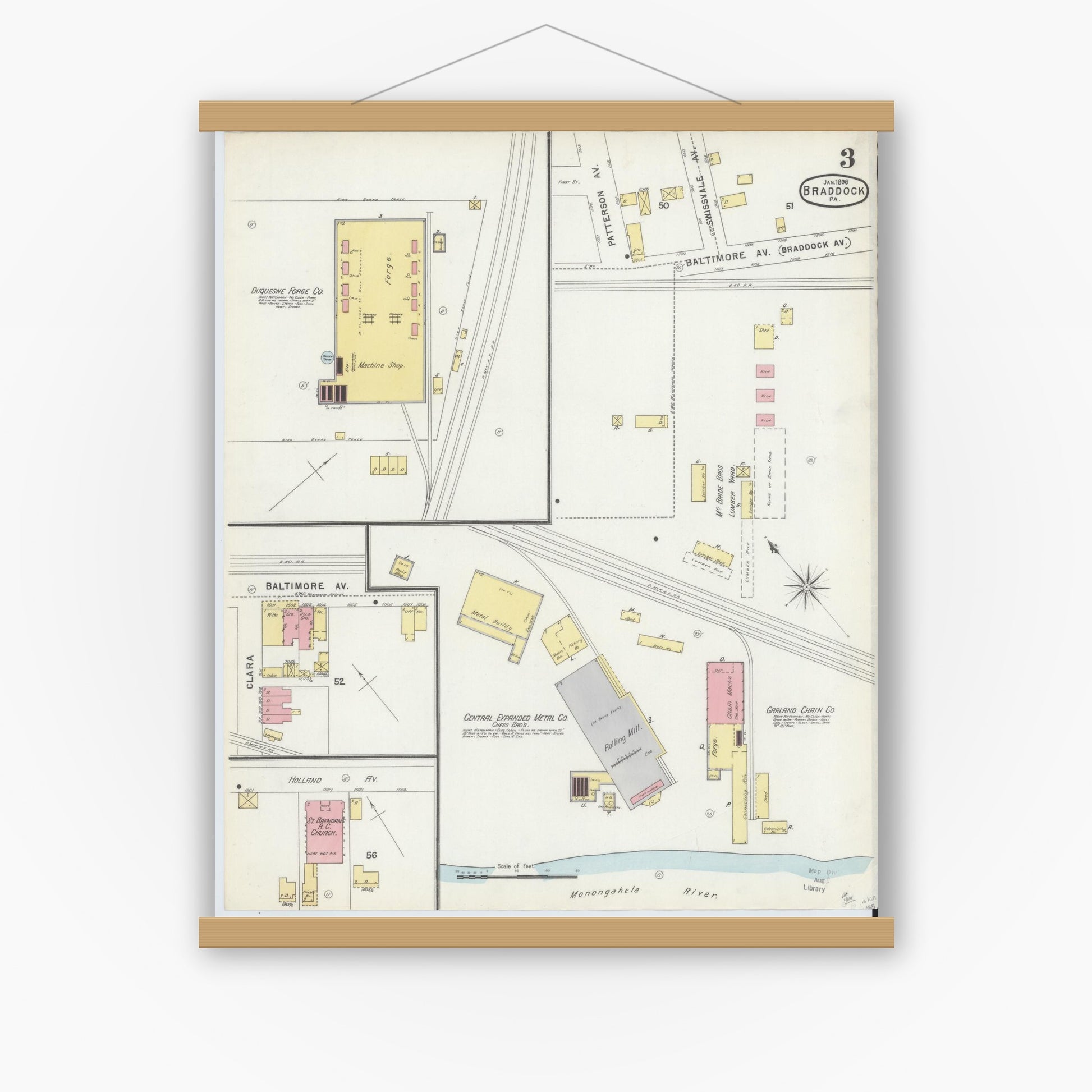 Old map wall art mockup — magnetic wood frame on white wall — Sanborn Fire Insurance Map from Braddock, Allegheny County, Pennsylvania (1896), Sheet #0003