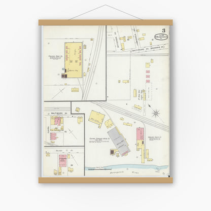 Old map wall art mockup — magnetic wood frame on white wall — Sanborn Fire Insurance Map from Braddock, Allegheny County, Pennsylvania (1896), Sheet #0003