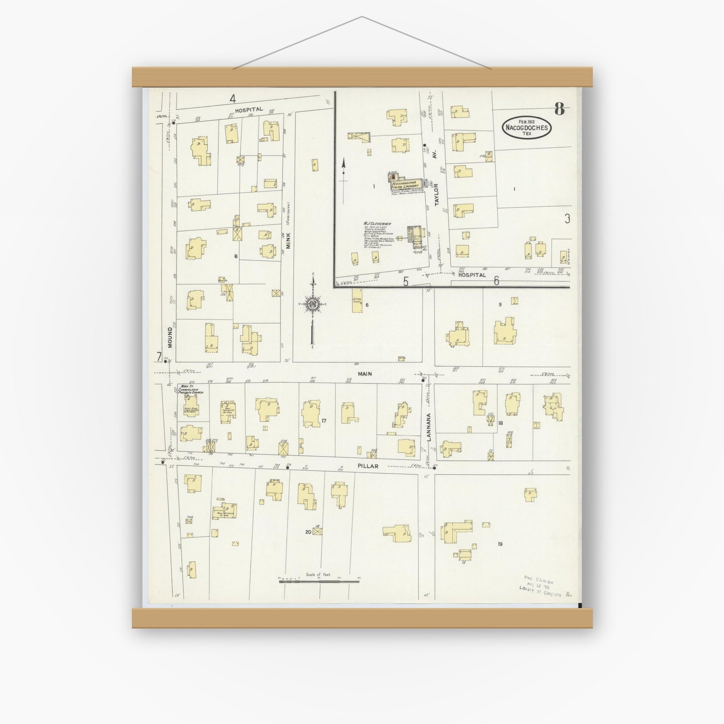 Old map wall art mockup — magnetic wood frame on white wall — Sanborn Fire Insurance Map from Nacogdoches, Nacogdoches County, Texas (1912), Sheet #0008