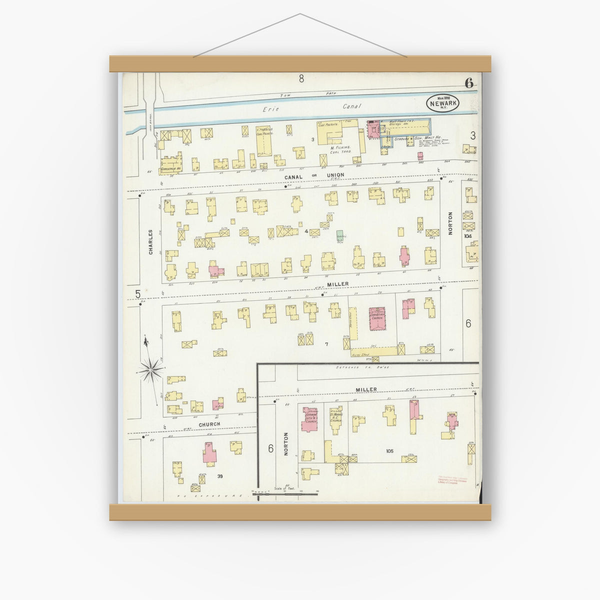 Old map wall art mockup — magnetic wood frame on white wall — Sanborn Fire Insurance Map from Newark, Wayne County, New York (1898), Sheet #0006