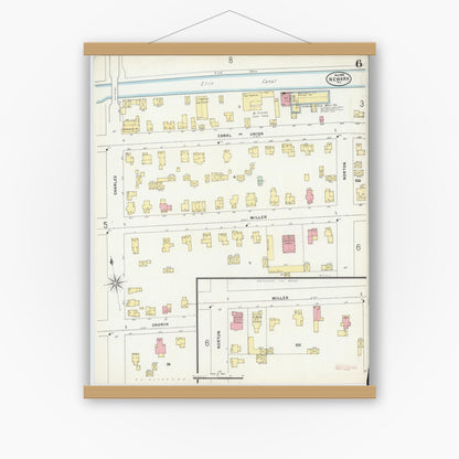 Old map wall art mockup — magnetic wood frame on white wall — Sanborn Fire Insurance Map from Newark, Wayne County, New York (1898), Sheet #0006