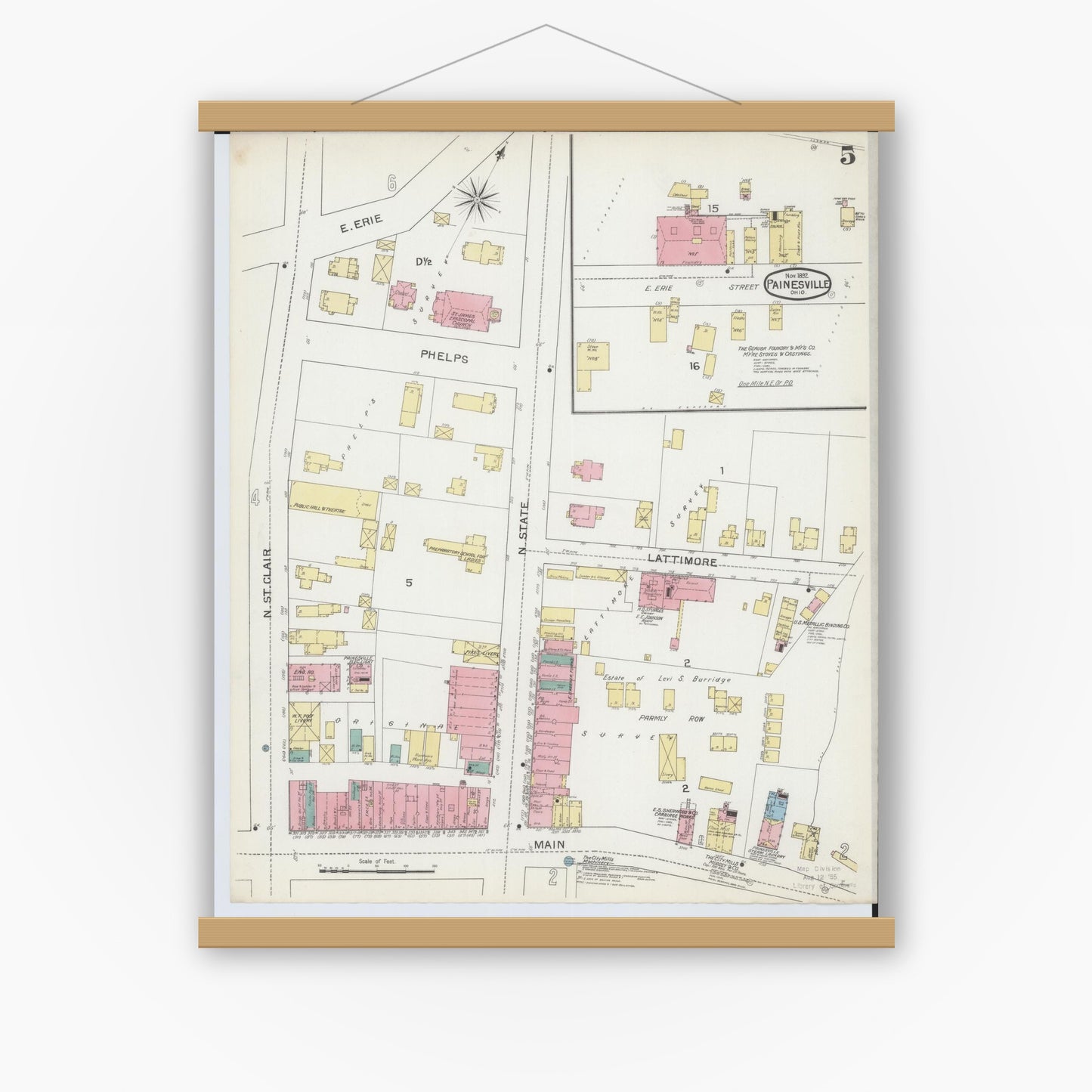 Old map wall art mockup — magnetic wood frame on white wall — Sanborn Fire Insurance Map from Painesville, Lake County, Ohio (1892), Sheet #0005