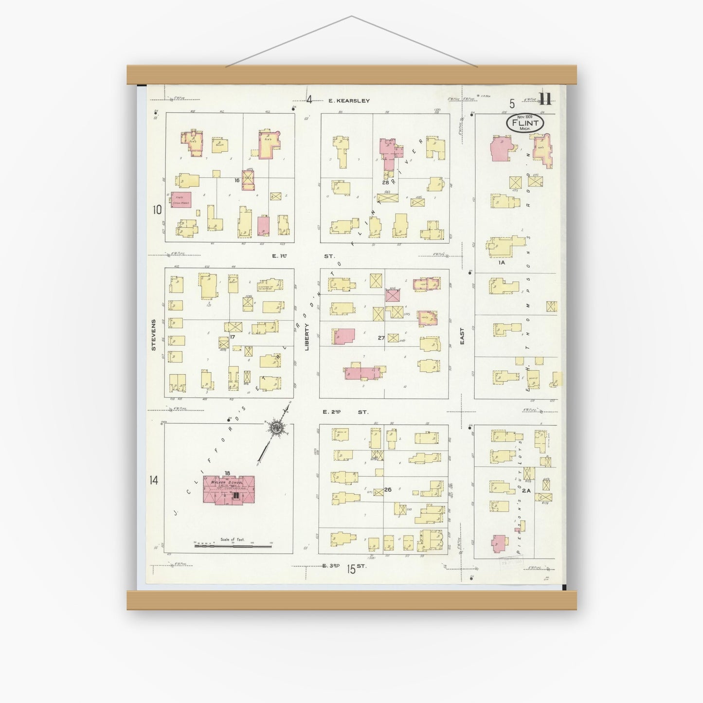 Old map wall art mockup — magnetic wood frame on white wall — Sanborn Fire Insurance Map from Flint, Genesee County, Michigan (1909), Sheet #0011