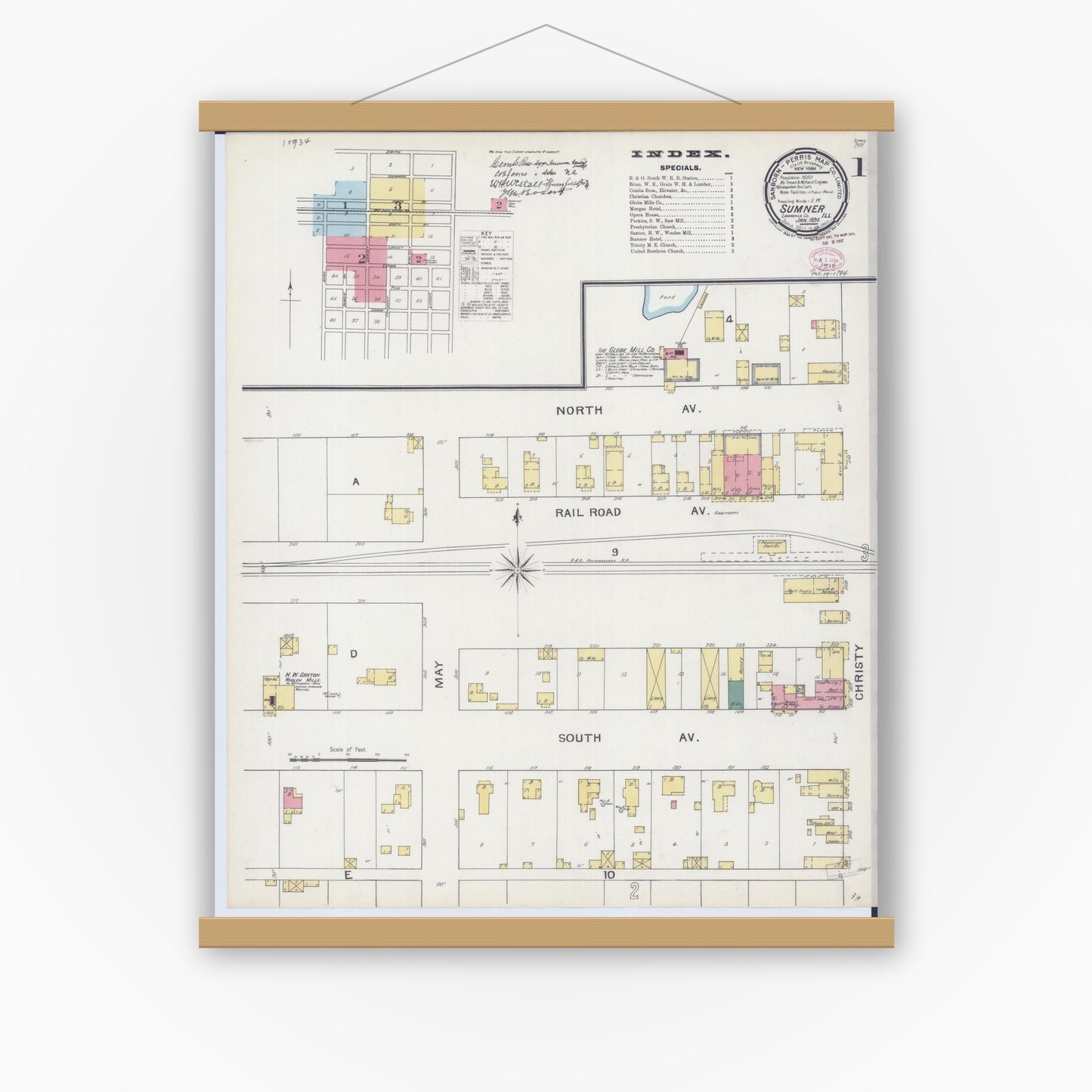 Old map wall art mockup — magnetic wood frame on white wall — Sanborn Fire Insurance Map from Sumner, Lawrence County, Illinois (1894) - Complete Map Set