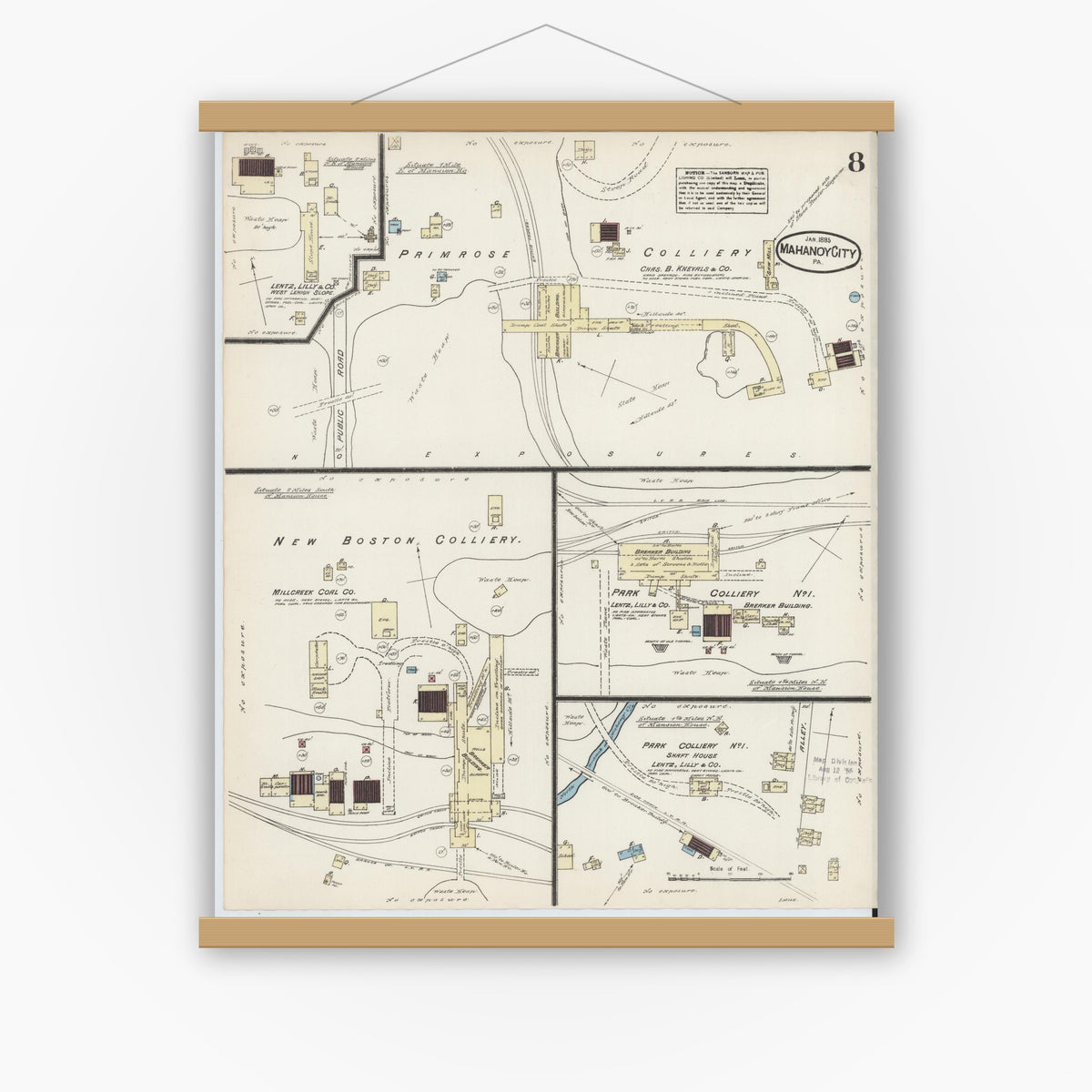 Old map wall art mockup — magnetic wood frame on white wall — Sanborn Fire Insurance Map from Mahanoy City, Schuylkill County, Pennsylvania (1885), Sheet #0008