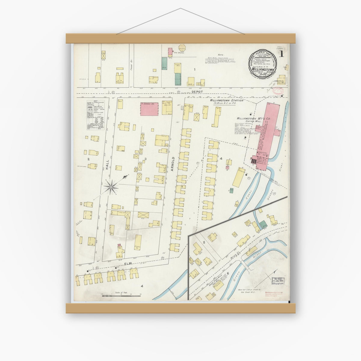 Old map wall art mockup — magnetic wood frame on white wall — Sanborn Fire Insurance Map from Williamstown, Berkshire County, Massachusetts (1895) - Complete Map Set