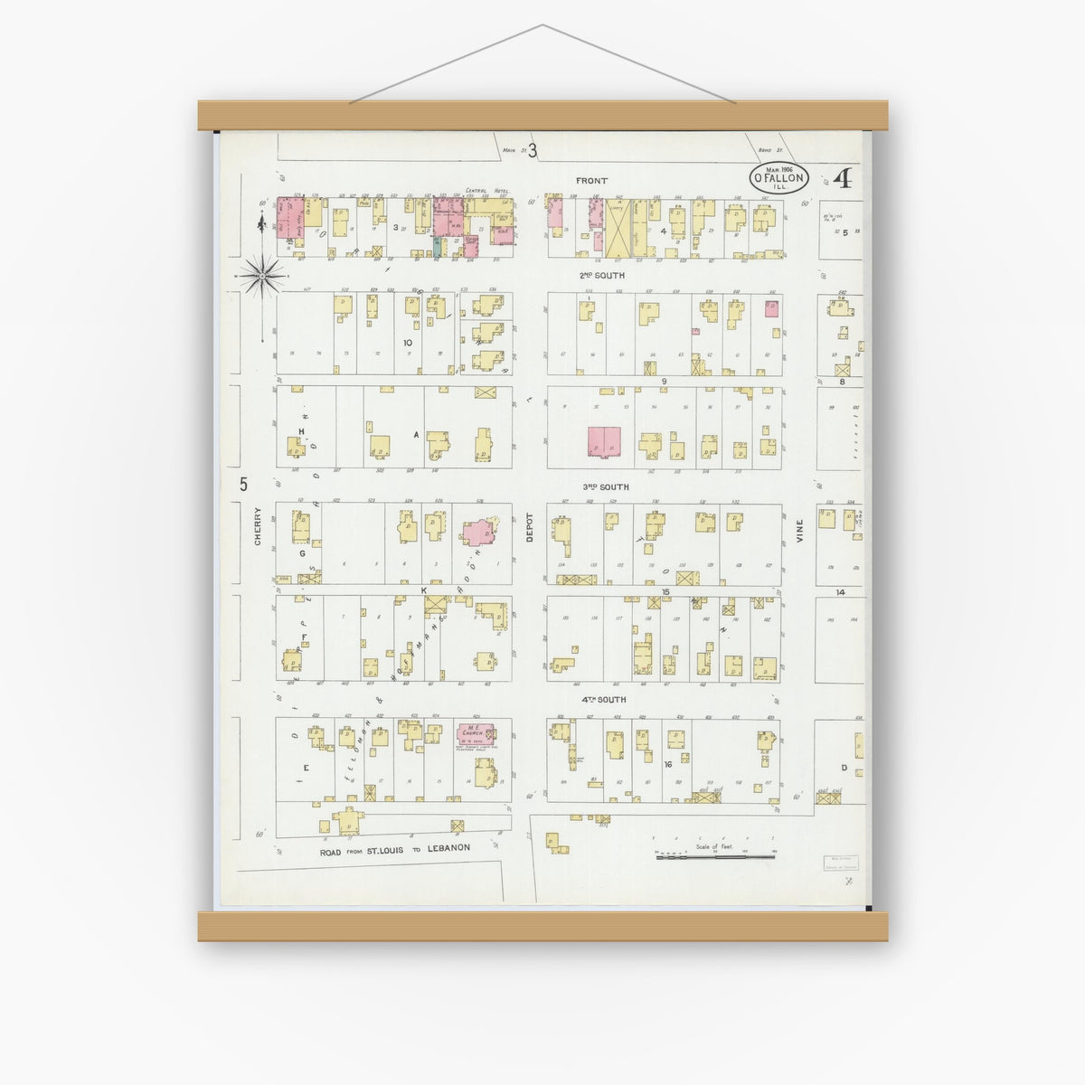 Old map wall art mockup — magnetic wood frame on white wall — Sanborn Fire Insurance Map from O'Fallon, Saint Clair County, Illinois (1906), Sheet #0004