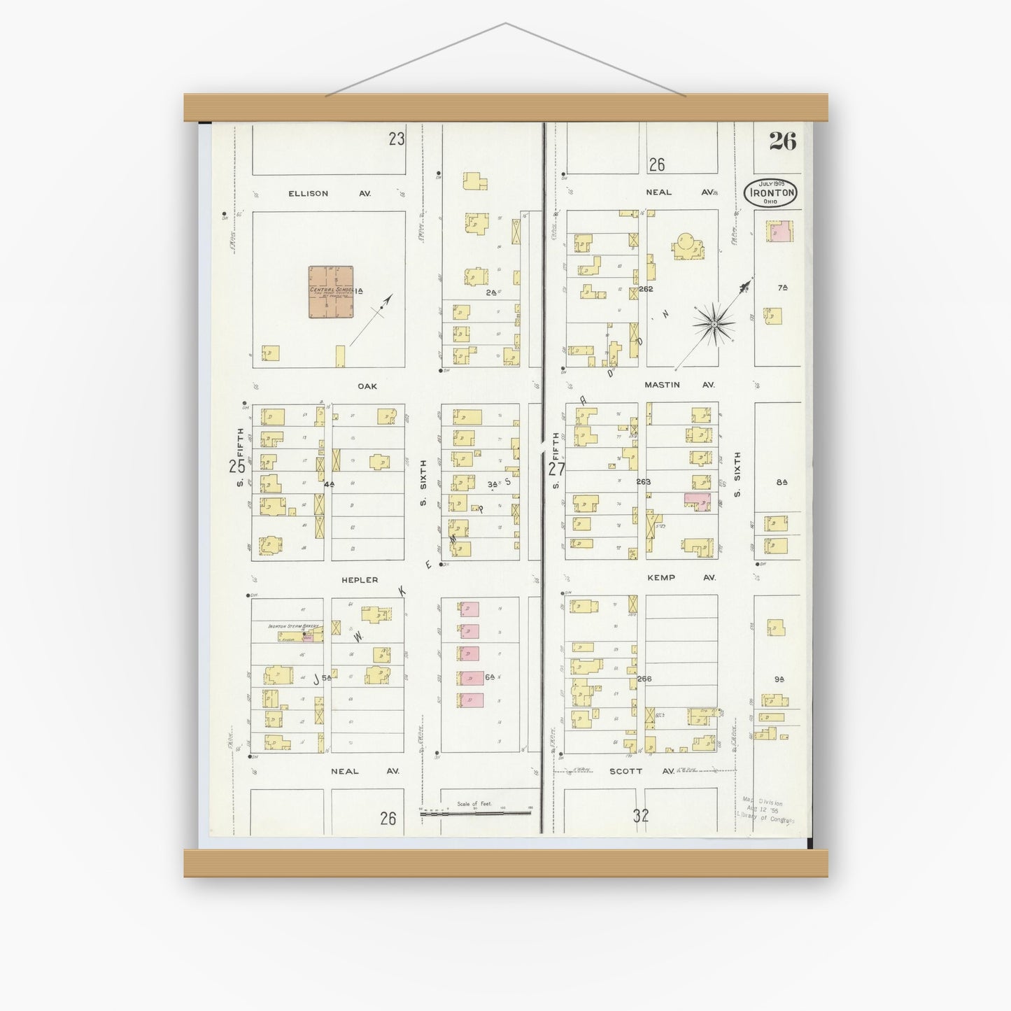 Old map wall art mockup — magnetic wood frame on white wall — Sanborn Fire Insurance Map from Ironton, Lawrence County, Ohio (1909), Sheet #0026