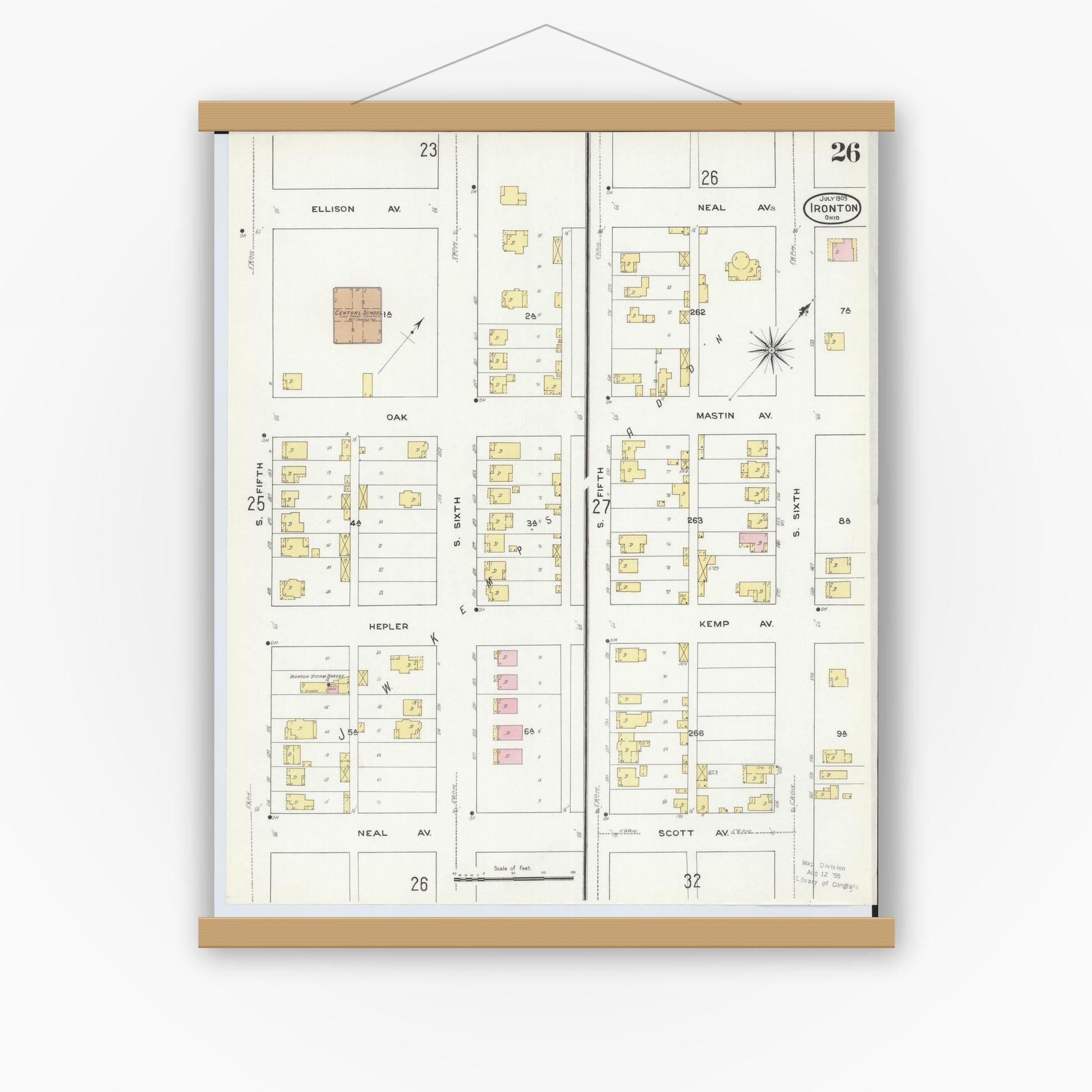 Old map wall art mockup — magnetic wood frame on white wall — Sanborn Fire Insurance Map from Ironton, Lawrence County, Ohio (1909), Sheet #0026