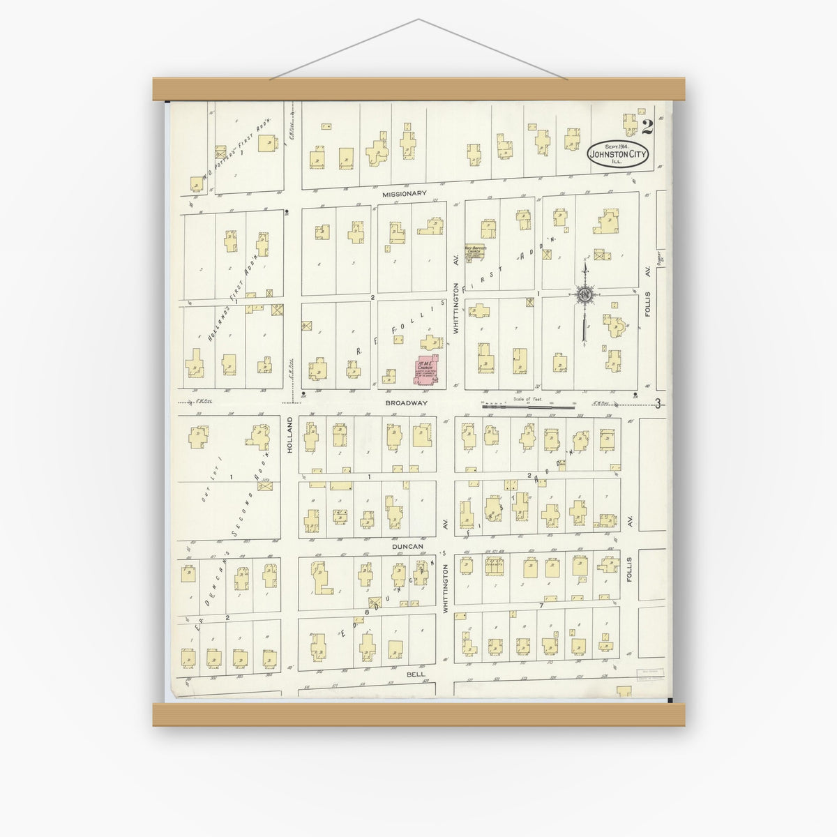 Old map wall art mockup — magnetic wood frame on white wall — Sanborn Fire Insurance Map from Johnston City, Williamson County, Illinois (1914), Sheet #0002