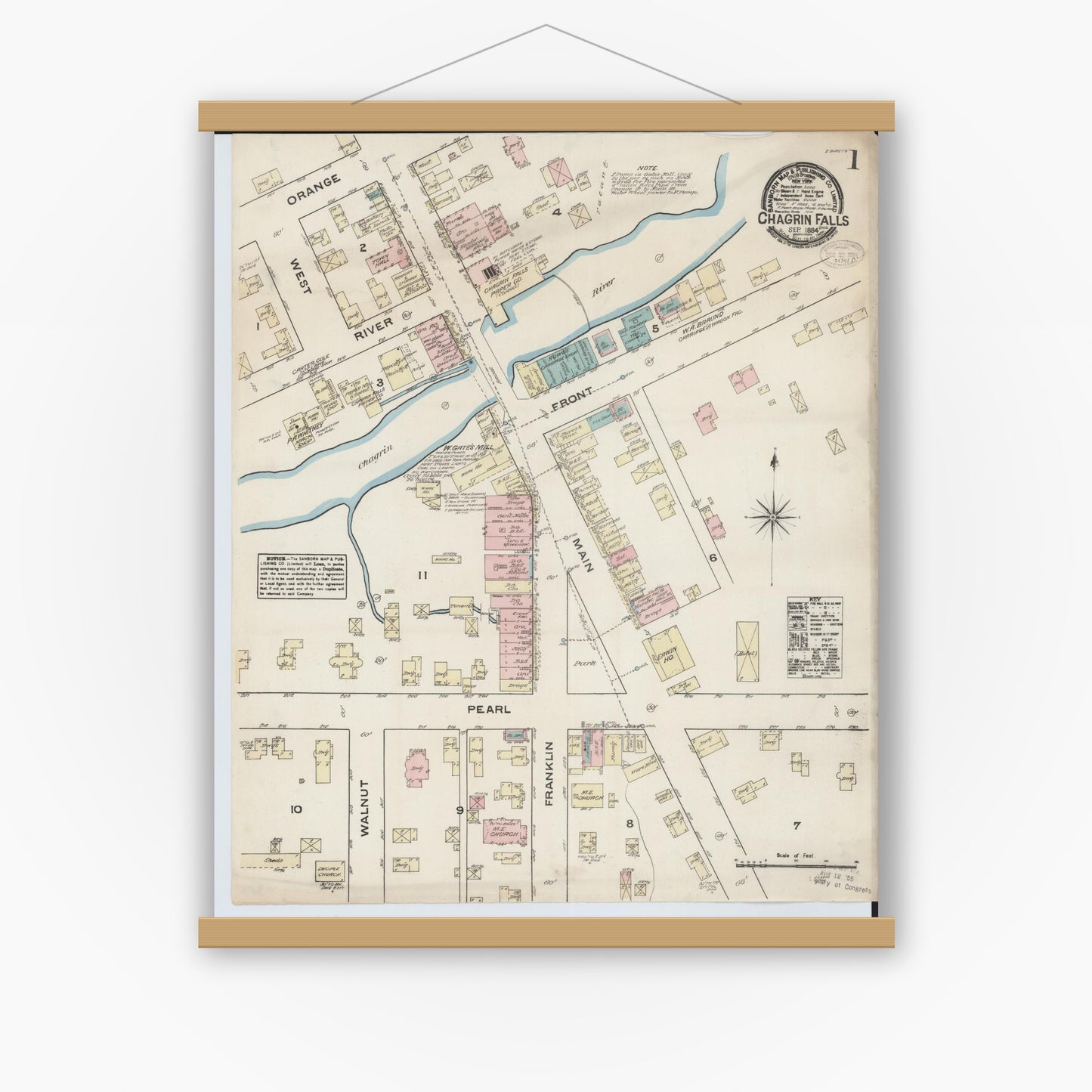 Old map wall art mockup — magnetic wood frame on white wall — Sanborn Fire Insurance Map from Chagrin Falls, Cuyahoga County, Ohio (1884) - Complete Map Set