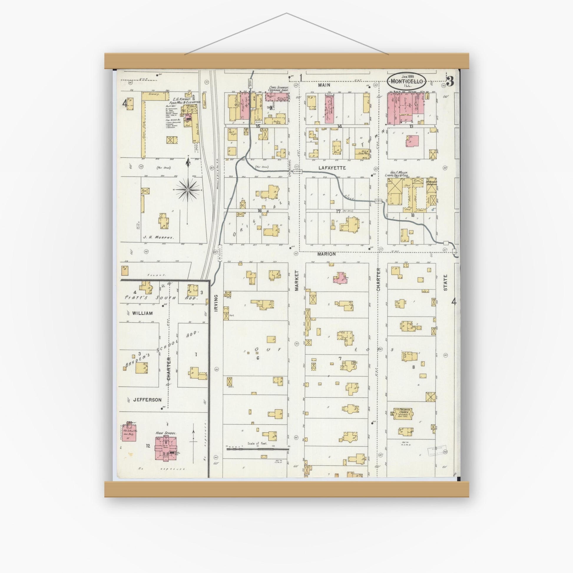 Old map wall art mockup — magnetic wood frame on white wall — Sanborn Fire Insurance Map from Monticello, Piatt County, Illinois (1899), Sheet #0003