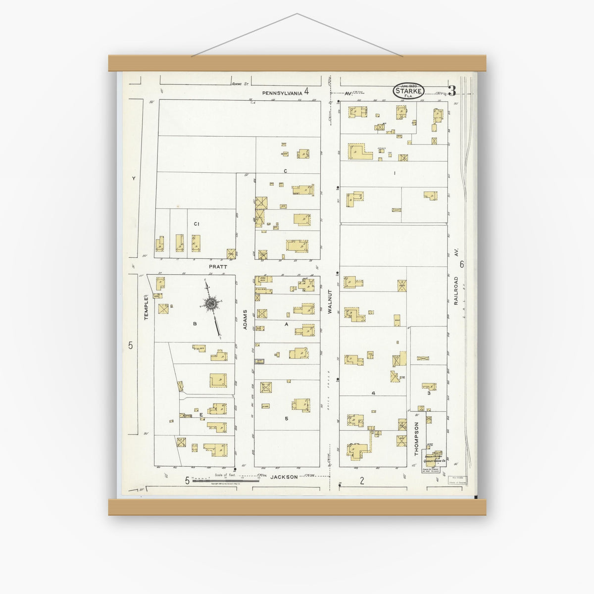 Old map wall art mockup — magnetic wood frame on white wall — Sanborn Fire Insurance Map from Starke, Bradford County, Florida (1920), Sheet #0003