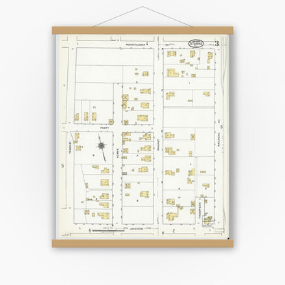 Old map wall art mockup — magnetic wood frame on white wall — Sanborn Fire Insurance Map from Starke, Bradford County, Florida (1920), Sheet #0003