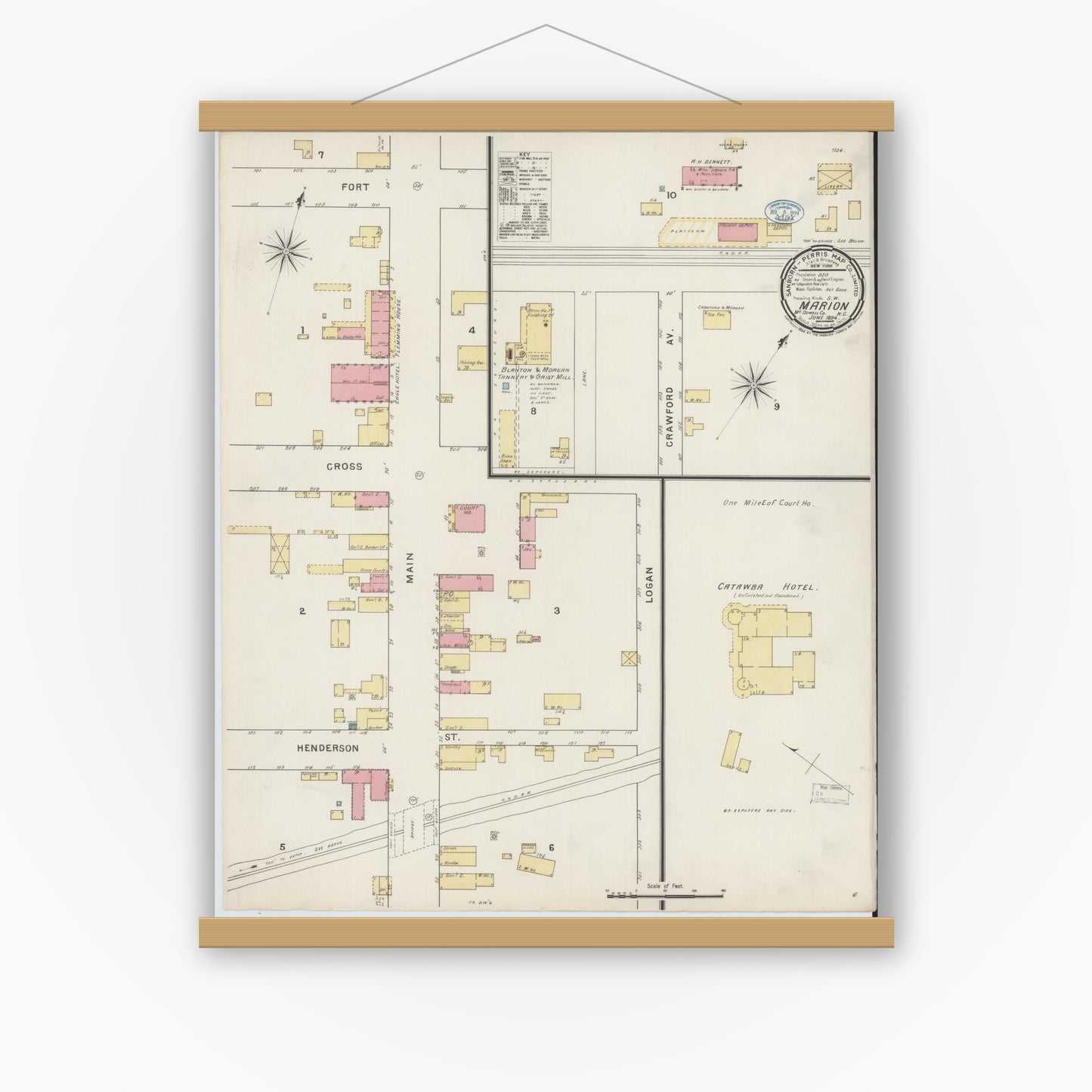 Old map wall art mockup — magnetic wood frame on white wall — Sanborn Fire Insurance Map from Marion, Mcdowell County, North Carolina (1894), Sheet #0001