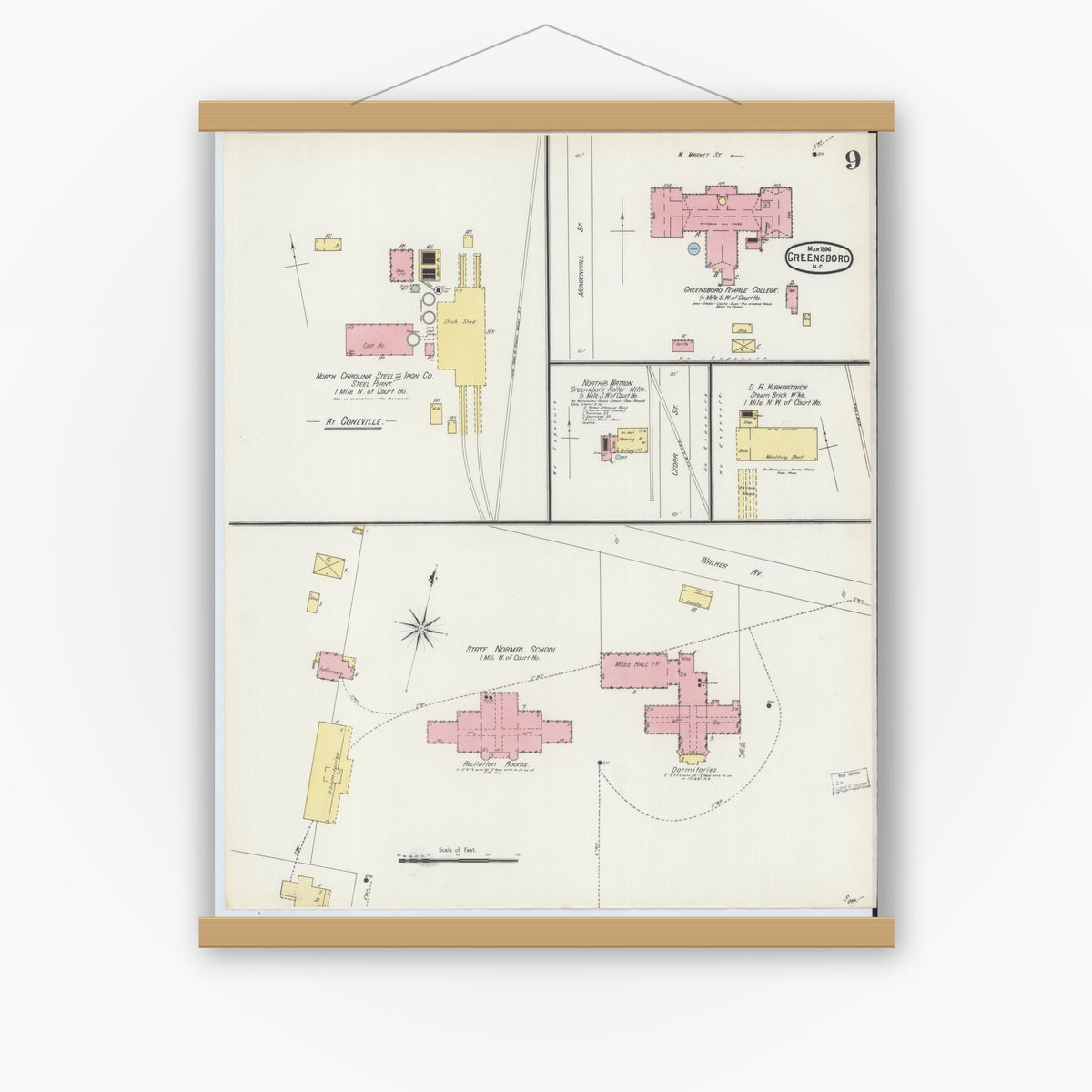 Old map wall art mockup — magnetic wood frame on white wall — Sanborn Fire Insurance Map from Greensboro, Guilford County, North Carolina (1896), Sheet #0009