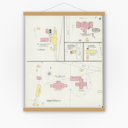 Old map wall art mockup — magnetic wood frame on white wall — Sanborn Fire Insurance Map from Greensboro, Guilford County, North Carolina (1896), Sheet #0009