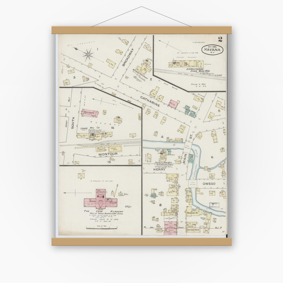 Old map wall art mockup — magnetic wood frame on white wall — Sanborn Fire Insurance Map from Havana, Schuyler County, New York (1886), Sheet #0002