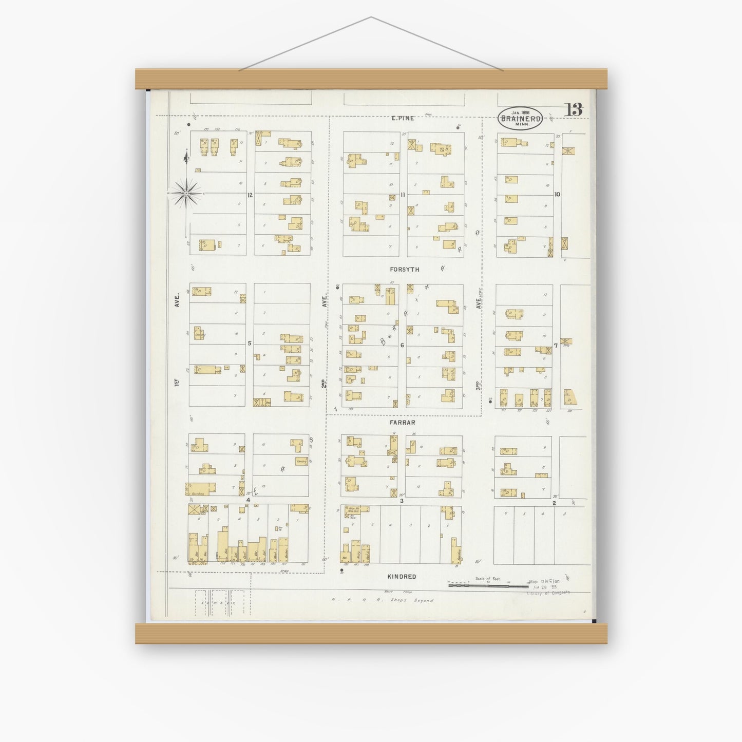 Old map wall art mockup — magnetic wood frame on white wall — Sanborn Fire Insurance Map from Brainerd, Crow Wing County, Minnesota (1898), Sheet #0013