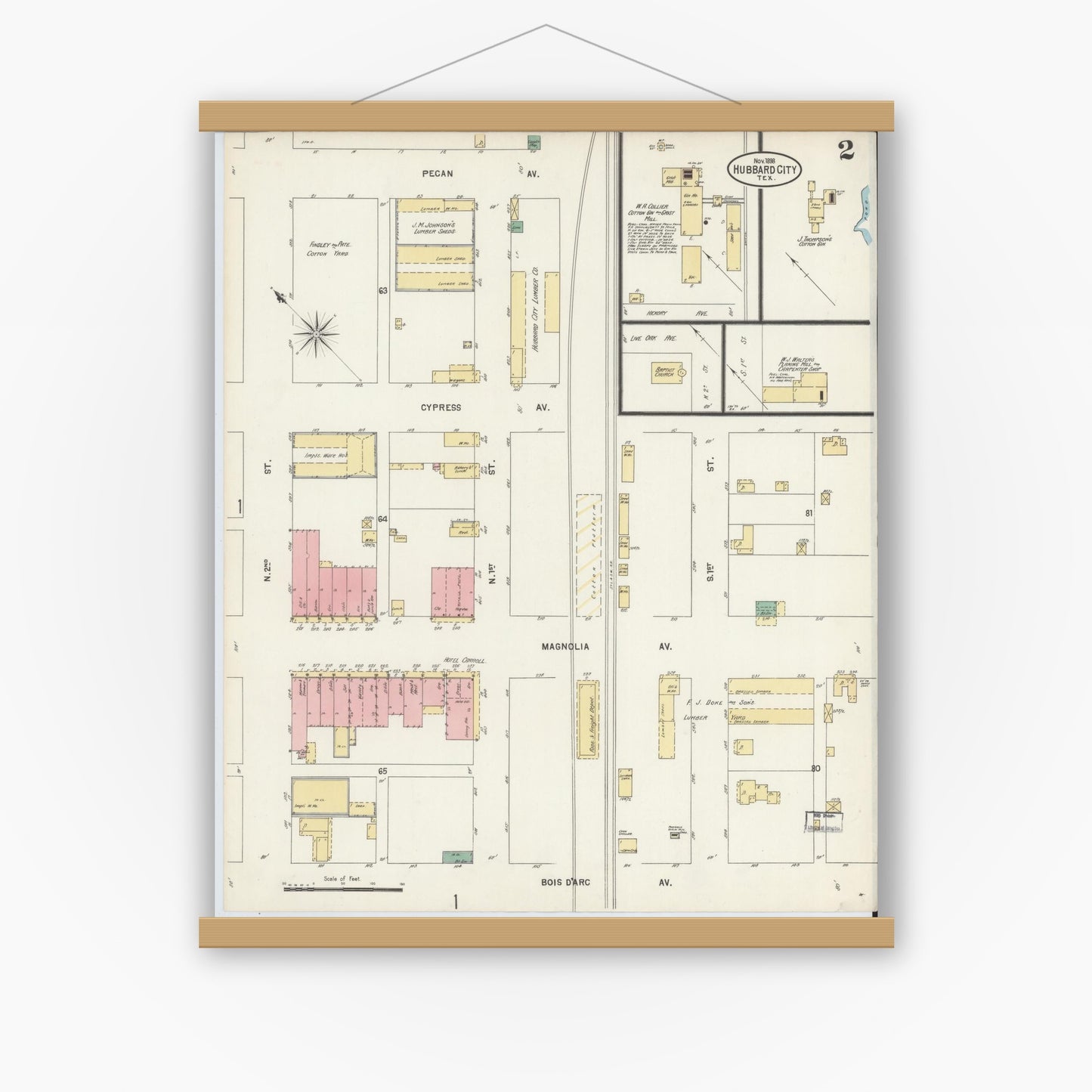 Old map wall art mockup — magnetic wood frame on white wall — Sanborn Fire Insurance Map from Hubbard, Hill County, Texas (1898), Sheet #0002