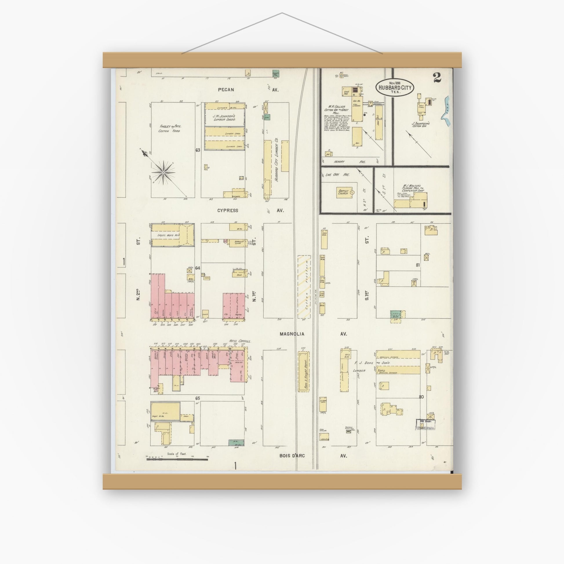 Old map wall art mockup — magnetic wood frame on white wall — Sanborn Fire Insurance Map from Hubbard, Hill County, Texas (1898), Sheet #0002